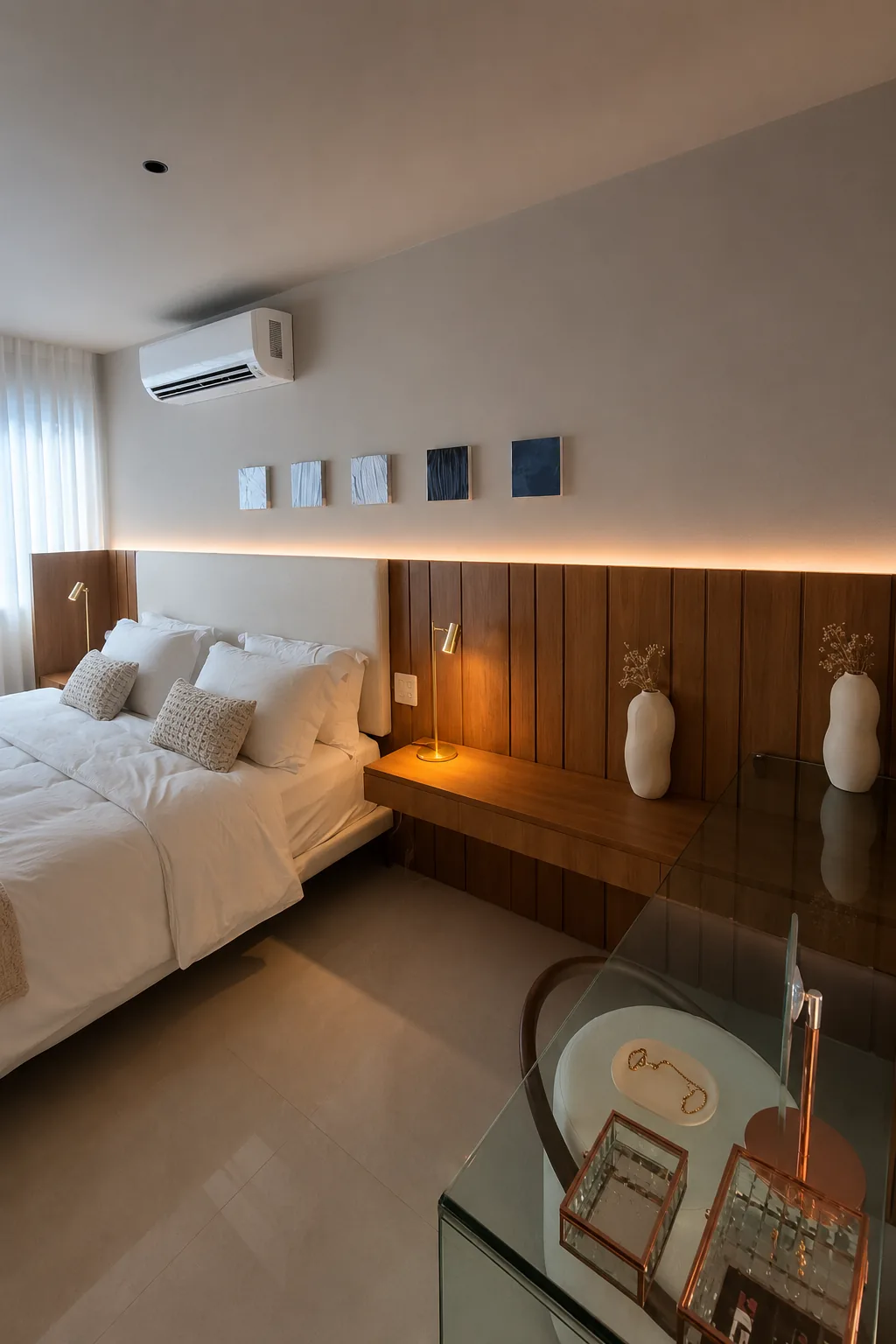 Quarto planejado com cabeceira amadeirada iluminada, bancada lateral e decoração em tons neutros